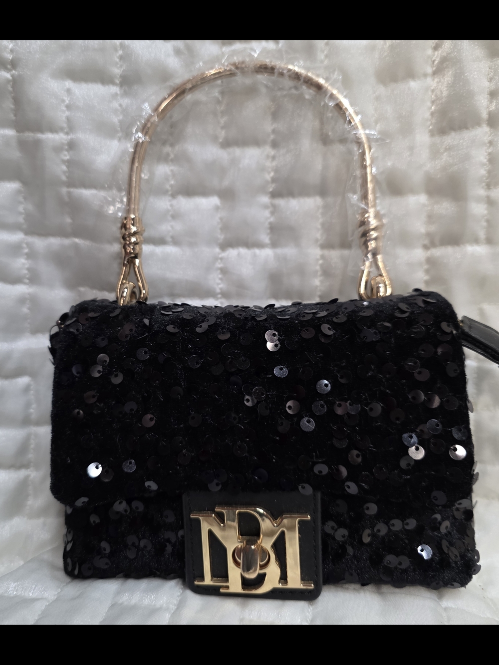 Badgley Mischka Black Sequin Top-Handle Clutch with Gold Hardware